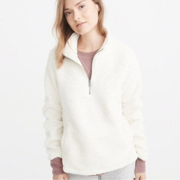 Abercrombie & Fitch White Sherpa Sweatshirt Quarter Zip Fleece Medium Cozy Chic - Picture 1 of 8